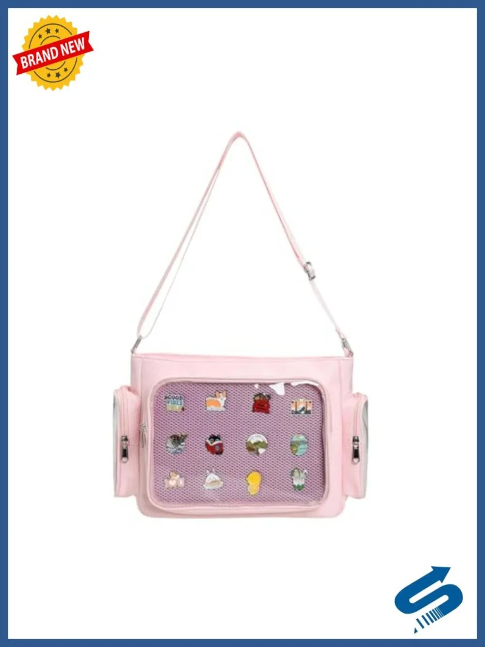 Kawaii Crossbody Canvas ITA Bag with Transparent Pocket for Anime Pins